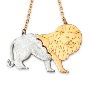 Vintage Lion Pendant Necklace Mixed Metal Gold Silver Tone Leo Zodiac Long Chain